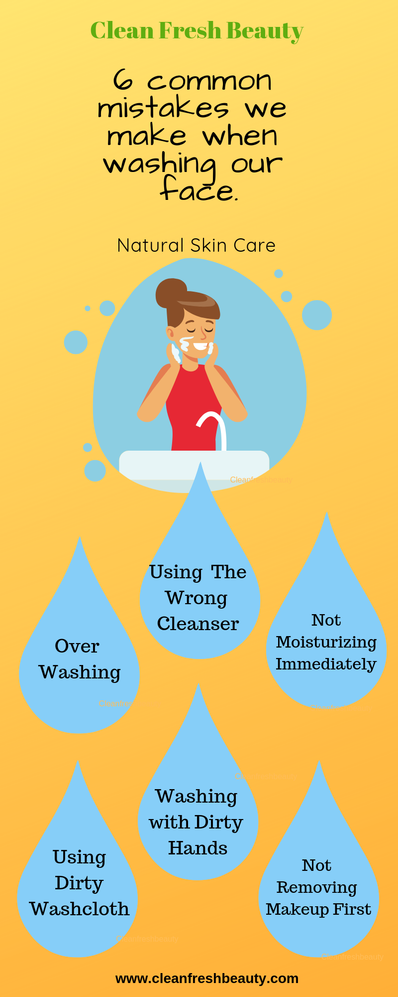 Are you clogging your pores by washing your face in the wrong way? Here are 6 common mistakes to avoid while cleansing your face. I share even more tips in this blog post. Click to read more. #naturalcleansers #organicbeauty #greenbeauty #naturalproducts